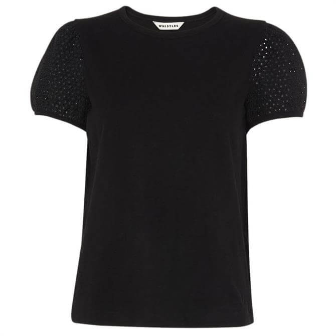 Whistles Black Broderie Puff Sleeve T-Shirt